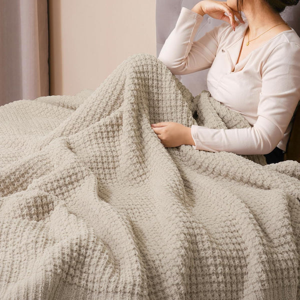 PHF Chenille Waffle Knit Blanket-Natural