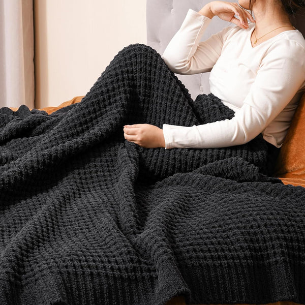 PHF Chenille Waffle Knit Blanket-Charcoal